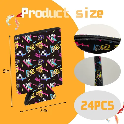 Vista 2 de Fundas para enfriar latas retro de los años 80 y 90, 24 piezas, fundas para botellas y latas de neón de Memphis Fashion - Suministros para fiestas