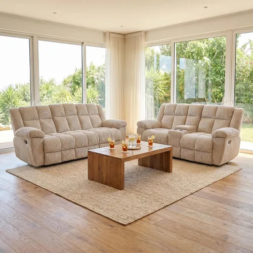 Vista 17 de Juego de sofá reclinable manual de pana extragrande para sala de estar, juego de sofá de pana con mesa desplegable y portavasos para Beige