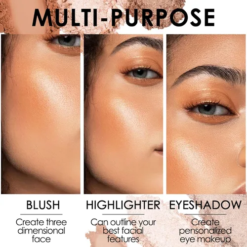 Vista 5 de FOCALLURE Paleta de rubor e iluminador, polvo de maquillaje 3 en 1, rubor mate libre de crueldad, iluminadores brillantes para un aspecto brillante
