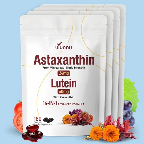 Vista 15 de Astaxantina 14 en 1 12 mg y luteína 40 mg con suplementos de zeaxantina, suministro para 6 meses, fuente de microalgas frescas, apoya los ojos