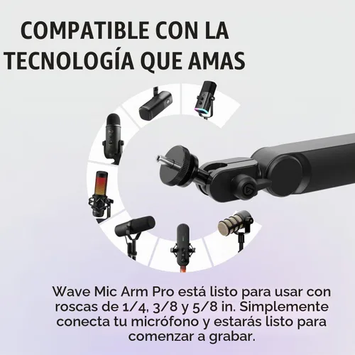 Vista 3 de Elgato Wave Mic Arm Pro - Brazo de micrófono de resorte de gas de perfil bajo giratorio 360°, funciona con micrófonos/Shure SM7B/HyperX Negro