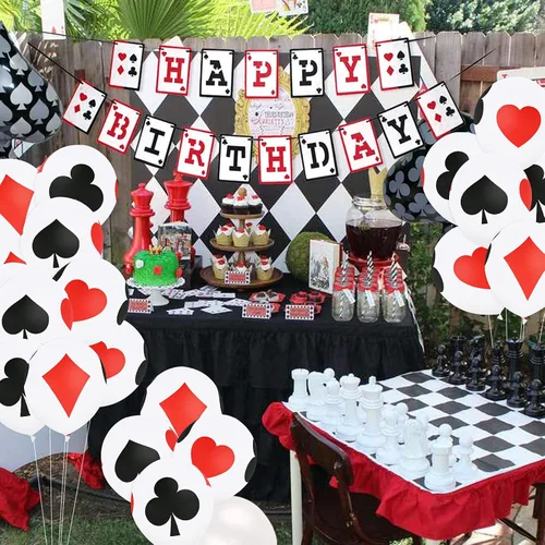 Vista 7 de 30 globos de casino para decoración de póquer, globos de 12 pulgadas, globos de látex para decoración de fiesta de cumpleaños de póquer de casino