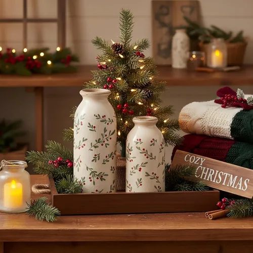 Vista 4 de [Usado] Ronasip Jarrones de acebo de Navidad, juego de 2 jarrones de cerámica, decoración rústica pintada a mano, esmalte agrietado con hielo