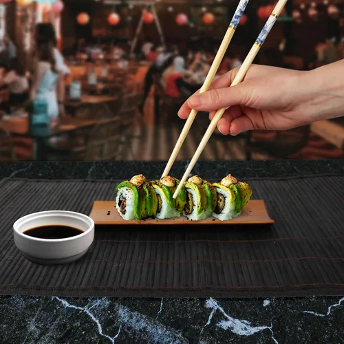 Vista 6 de Bandeja rectangular de bambú reutilizable para sushi de 7 x 2.8 pulgadas, 10