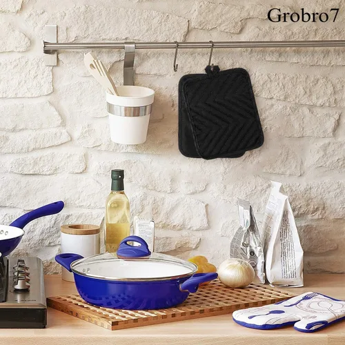 Vista 5 de Juego de 5 agarraderas de algodón con bolsillo para cocina, resistentes al calor, lavables a máquina, almohadillas calientes, guantes de horno a