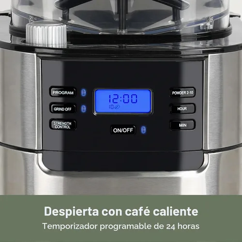 Vista 6 de Gevi Cafetera de 10 tazas con molinillo de rebabas integrado, temporizador programable, tanque de agua de 1.5L, filtro reutilizable y placa de negro