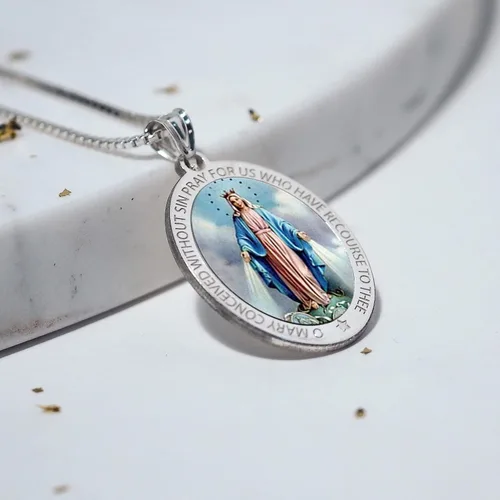 Vista 7 de Picturesongoldcom Collar de medalla milagrosa católica con colgante ovalado para mujeres y hombres hecho en oro amarillo o blanco de 10 K14 quilates