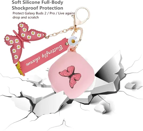 Vista 6 de Funda para Samsung Galaxy Buds2 Pro Case/Buds 2 Pro/Galaxy Buds Live Case Cute Butterfly Silicone Earbuds Funda protectora con llavero para mujeres