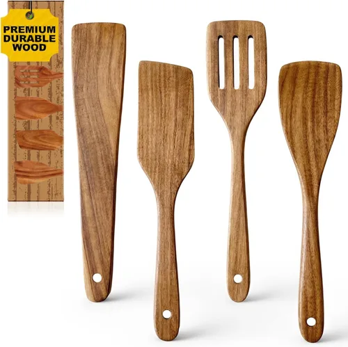 Vista 12 de 2 piezas de juego de espátulas de madera para cocinar Utensilios de cocina de teca no tóxicos sin BPA, espátula ranurada para panqueques, espátula 2