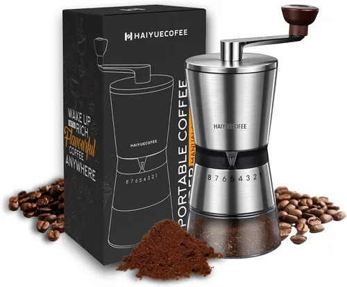 Vista 7 de Molinillo de café manual con 6 ajustes de grosor ajustables, molinillo de café con manivela de mano con rebabas de cerámica para granos de expreso