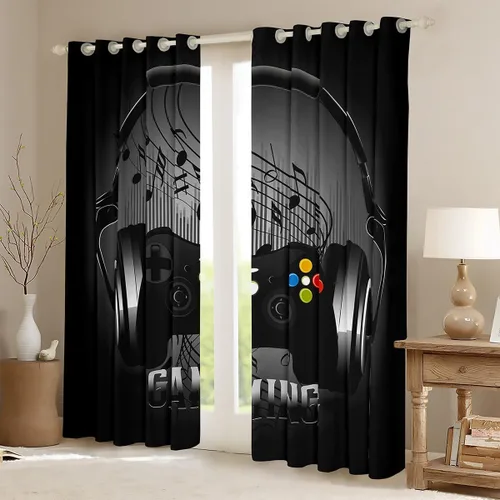 Vista 2 de Feelyou Cortinas de videojuegos negro y gris para niños, dormitorio, música, audífonos, notas, cortinas de ventana, para niños, adolescentes