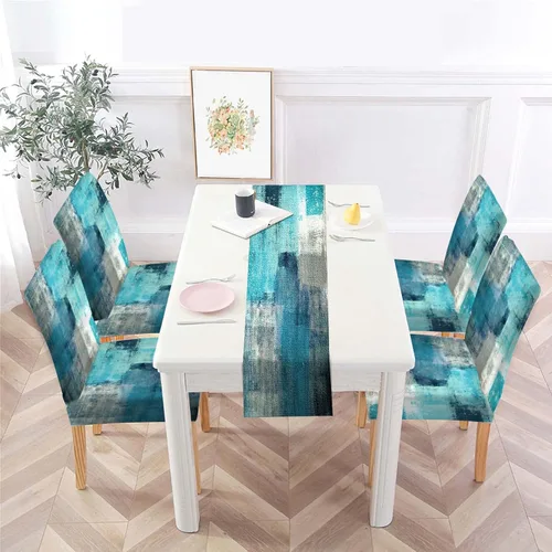 Vista 4 de MCALK Juego de 4 fundas para sillas color marrón y mantel para mesa, fundas elásticas color gris oscuro para sillas de cocina, fundas protectoras