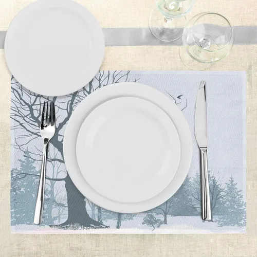 Vista 3 de Ambesonne Juego de 4 manteles individuales de invierno, diseño de árbol sin hojas en el bosque nevado y pájaros voladores, manteles individuales
