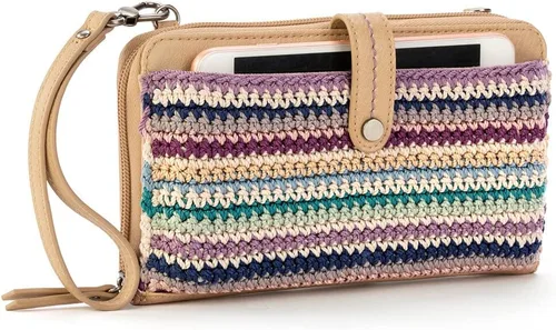 Vista 2 de The Sak Iris - Bolso cruzado grande para smartphone en ganchillo y piel sintética, diseño de bolso de muñeca convertible, diseño de rayas Mendocino