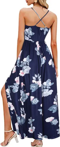 Vista 3 de II ININ - Vestido casual para mujer veraniego con cuello en V profundo estampado floral o color liso vestido largo con abertura para fiesta