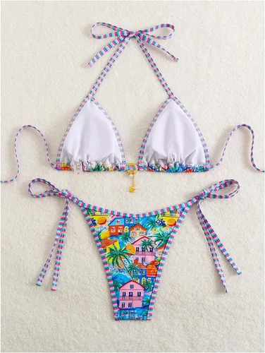 Vista 2 de WDIRARA Traje de baño de dos piezas para mujer estilo boho con estampado floral, conjunto de bikini halter con tiras en forma de triángulo