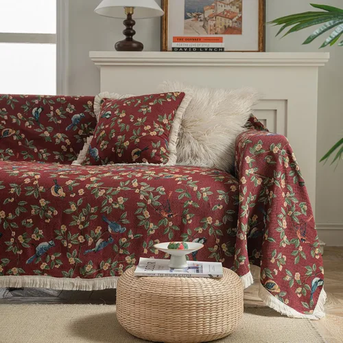 Vista 24 de vctops Fundas de sofá jacquard vintage para sofá seccional patrón de pájaros funda de sofá con flecos para perros fundas de sofá de dos plazas funda