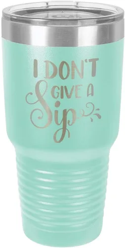 Vista 14 de Taza de viaje de acero con recubrimiento de polvo grabado con láser, con texto en inglés "I DON'T GIVE A SIP Engraved Tumbler", sin BPA