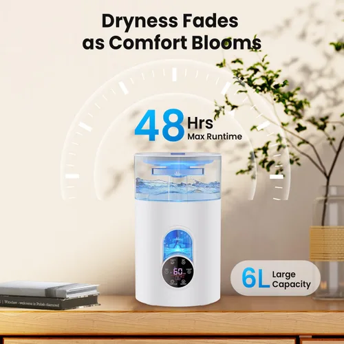 Vista 7 de Humidifiers for Bedroom Large Room Home - GloryAir 6L Quiet Top Fill Cool & Warm Mist Humidifier with Smart Humidity Control, Remote Control, White