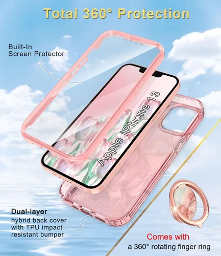 Vista 2 de Btscase Funda compatible con iPhone 13, protector de pantalla integrado con soporte de anillo de 360°, cuerpo completo, doble capa, resistente, a