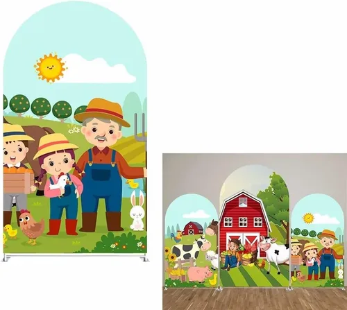 Vista 6 de HUAYI Cubierta de fondo de arco de granjero rojo de dibujos animados para fiestas de granja para niños, decoraciones de fondo de Chiara, cubiertas