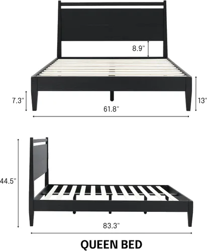Vista 2 de NTC Adept Marco de cama de madera con cabecero, base de madera de roble macizo y caucho con listones silenciosos y soportes centrales de madera
