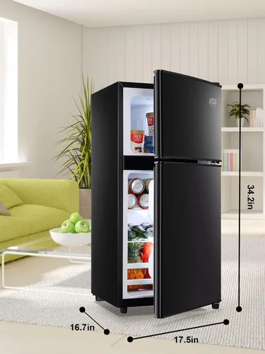Vista 2 de KRIB BLING Refrigerador de 3.5 pies cúbicos con congelador, puerta doble vintage, cerradura fresca, termostato ajustable de 7 niveles para Negro