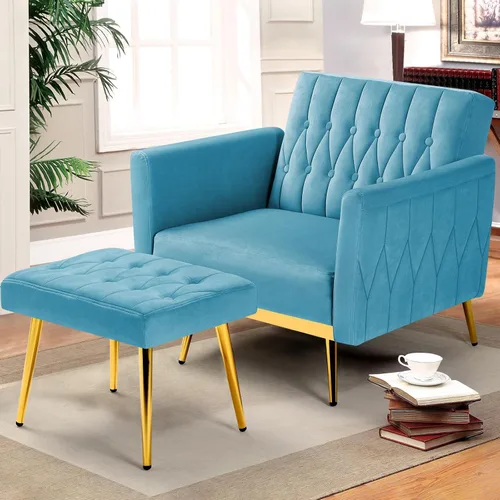 Vista 2 de Silla decorativa de terciopelo con otomana y respaldo ajustable
