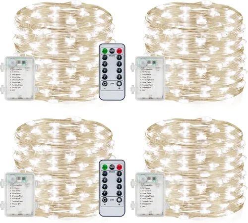 Vista 10 de Guirnalda de luces a pilas con temporizador de control remoto, 33 pies, 100 luces LED, impermeables, 8 modos, alambre de cobre, luces blancas Blanco