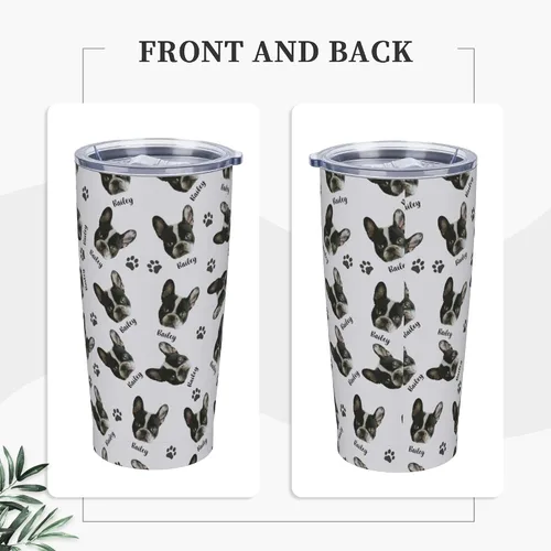 Vista 3 de Vaso personalizado de acero inoxidable para fotos de mascotas con cara de perro, 20 onzas con tapa y popote para viajes, regalo para amantes