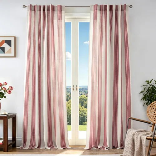 Vista 94 de DriftAway Cortinas de estilo granja con rayas verticales de lino mezclado texturizado con filtro de luz semitransparente para sala de estar