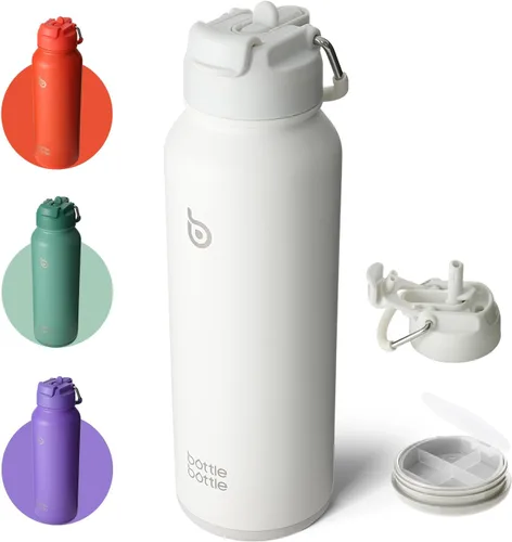 Vista 16 de Botella Botella Botella de agua deportiva de 40 oz de acero inoxidable, botella de agua aislada con popote y porta pastillas Dual-use