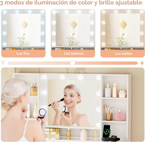 Vista 5 de ANWBROAD Escritorio de tocador con espejo y luces, juego de mesa de tocador de maquillaje blanco con parte superior de cristal, 13 cajones, 7