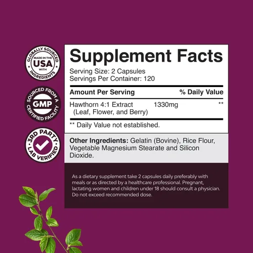 Vista 2 de Paquete de cápsulas de bayas de espino extra fuertes, suplemento de extracción de digestión y salud cardíaca y glicinato de magnesio puro 400 mg por