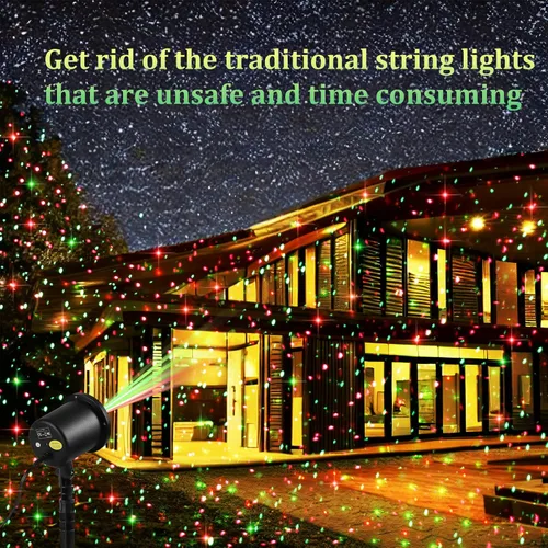Vista 6 de Proyector de luces láser navideñas al aire libre, luces láser de estrellas estáticas rojas y verdes, luces láser para decoración navideña, proyector