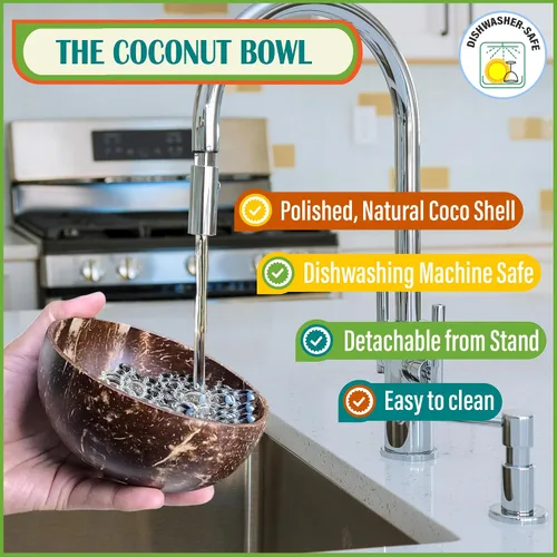 Vista 8 de Cuenco para perros para gatos y perros pequeños, totalmente natural, cuenco de cáscara de coco pulido con soporte de madera, altura total
