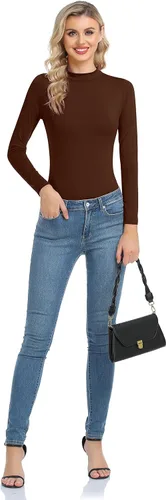 Vista 5 de Camiseta térmica básica de manga larga para mujer, ligera, con cuello alto falso, ajustada, capa suave