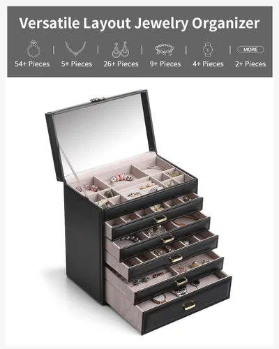 Vista 3 de Vlando Joyero grande de 6 niveles para mujer, organizador de joyas grande con espejo, organizador de joyas para cajón, collar, anillo, pulsera