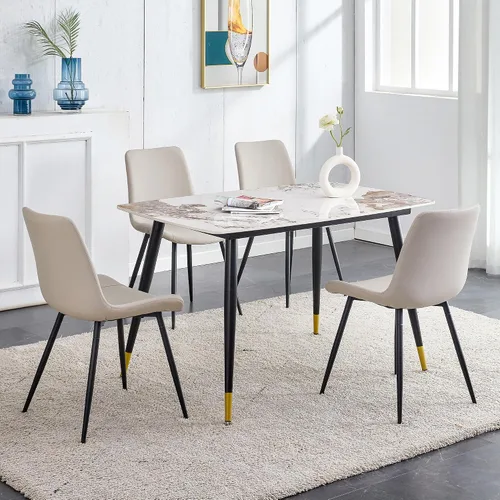 Vista 15 de Juego de 5 mesas de comedor modernas de piedra sinterizada de 50 pulgadas, mesa de cocina rectangular de mármol sintético con 4 sillas de piel