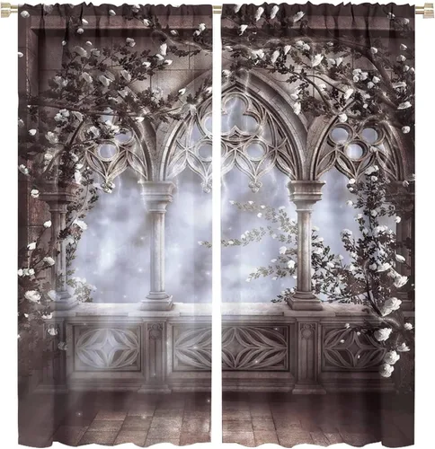Vista 44 de Cortinas góticas con diseño de luna de Halloween, historia, puerta espeluznante, fondo de terror, vela, ficción, patrón de impresión, sala de estar