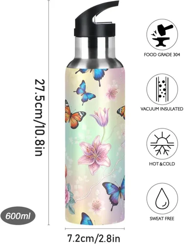 Vista 9 de BPA-Free Sports Water Bottle 20 Oz, Insulated Stainless Steel Water Bottle with Straw for Gym Outdoor Travel School, Colorful Butterflies