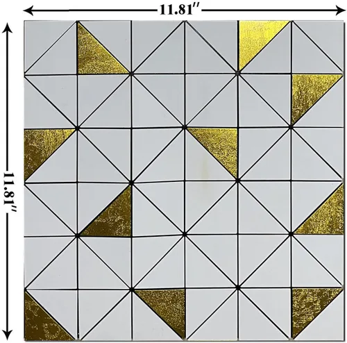 Vista 2 de XUANINY 7 hojas de azulejos en muro autoadhesivos, superficie de aluminio triangular de mosaico de metal, adhesivo de pared 3D de aluminio Dorado