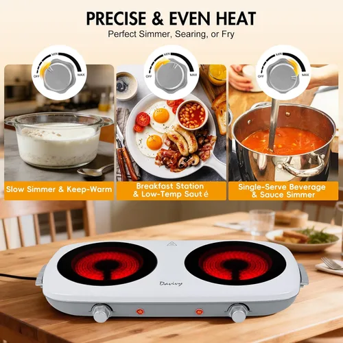 Vista 4 de Davivy Placa eléctrica de doble quemador, estufa eléctrica portátil de 1800 W (2 x 900 W), placa de cocina de 2 quemadores con vidrio de cerámica