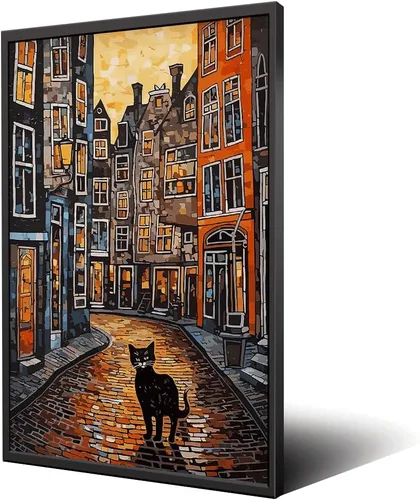 Vista 17 de Thcbme Arte de pared con diseño de gato, divertido diseño vintage de girasoles y gatos negros, póster retro para habitación, estética, sala