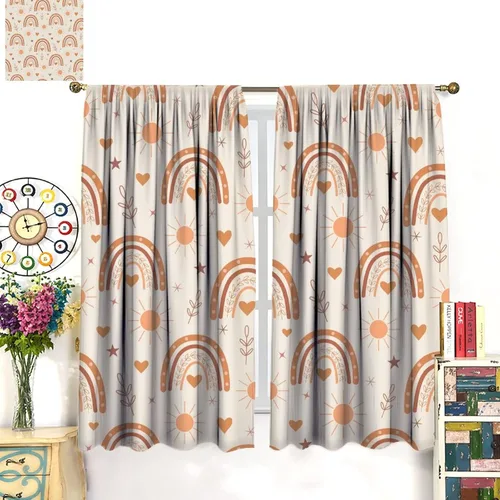 Vista 3 de Cortinas bohemias con diseño de arco iris, hermoso diseño de estrellas de durazno marrón y arcoíris, para dormitorio de niños y niñas, sala