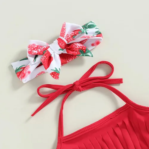 Vista 3 de Yccutest Traje de baño de flores para bebé, 3 piezas, parte superior triangular, parte inferior con volantes, sombrero para el sol, conjunto