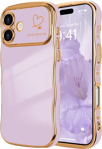 Vista 52 de LCHULLE - Funda para iPhone Air, linda para mujeres y niñas, con forma de onda, color azul bebé Luxury Plating Curly Wavy Frame with Love Heart