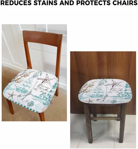 Vista 6 de Juego de 4 fundas de asiento de playa de verano verde azulado para sillas de comedor, fundas elásticas para sillas de cocina, conchas marinas