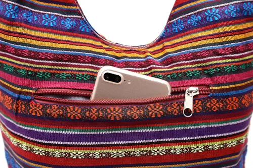 Vista 6 de Bolsa de hombro para mujer, de lona en estilo hippiebohemio para llevar cruzada al hombro, disponible en diferentes colores y estampados