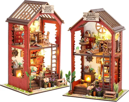 Vista 14 de Flever Kit en miniatura para rincón de libros para casa de muñecas, decoración de estantería de libros, kit en miniatura de madera 3D